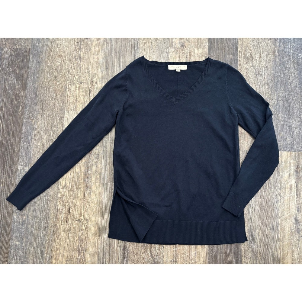Loft Womens Navy Blue V-Neck Pullover Sweater Size XS Side Slit Knit Top